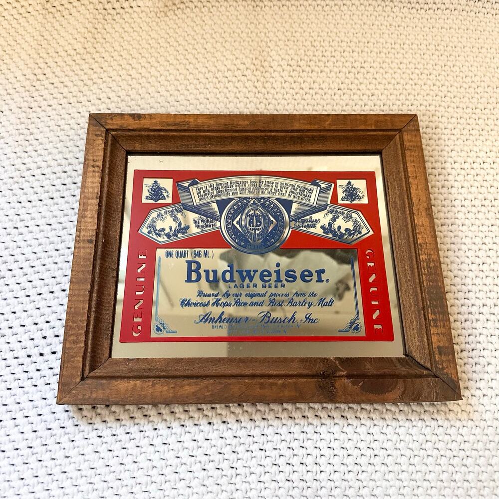 Vintage Budweiser Beer Mirror Bar Sign Anheuser Busch Framed Wall Decor 12"x10"